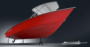 Low-angle view of a red boat hull with a white deck and rigging, set against a dark gradient background with a white script logo bottom right.